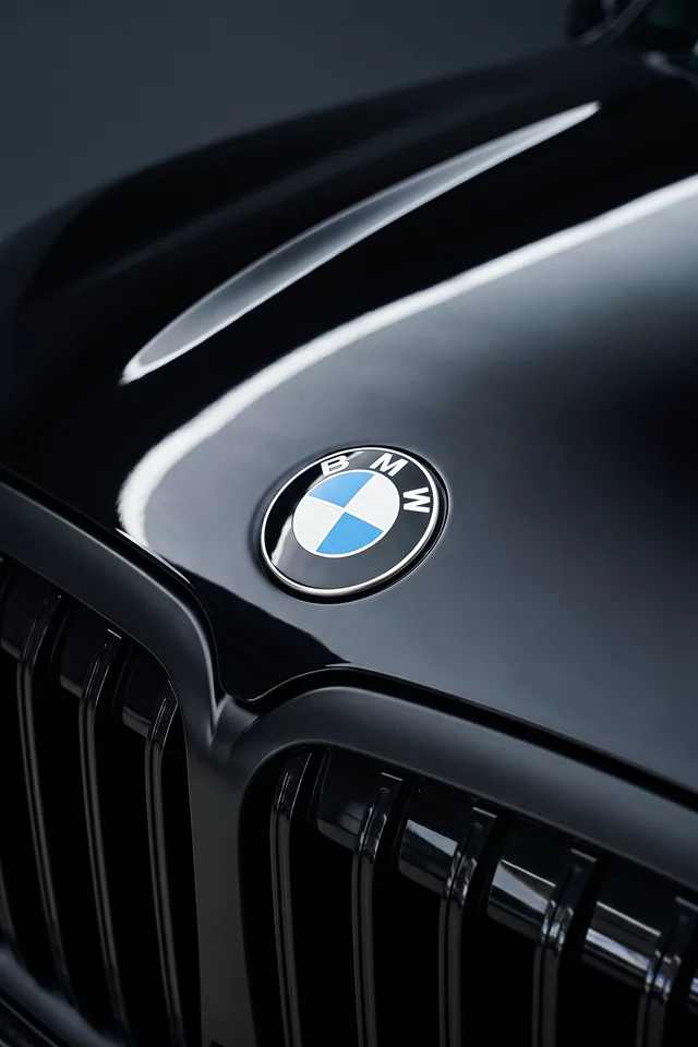 Siyah BMW X7’nin kaput amblemi ve ön ızgara detayı